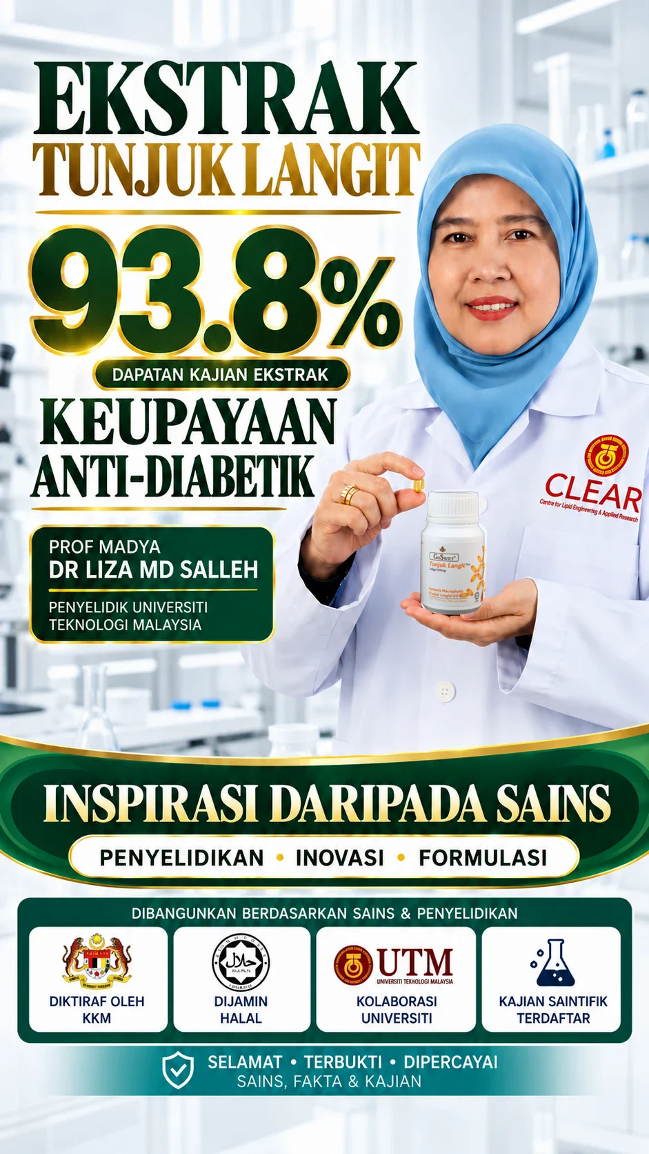 Prof. Madya Dr. Liza Md Salleh bersama GoSwiet Tunjuk Langit Plus — dapatan kajian ekstrak 93.8% keupayaan anti-diabetik (makmal)