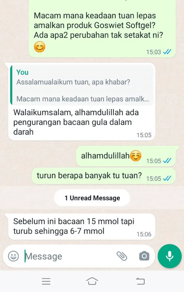 Testimoni: 15 mmol ke 6-7 mmol